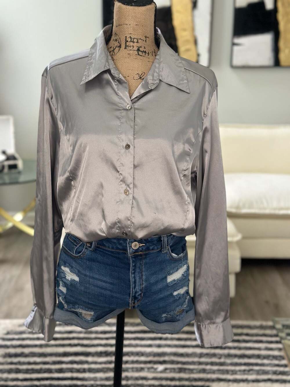 Christie & Jill Vintage Y2K Silver Metallic Satin Button Down Blouse Size 16